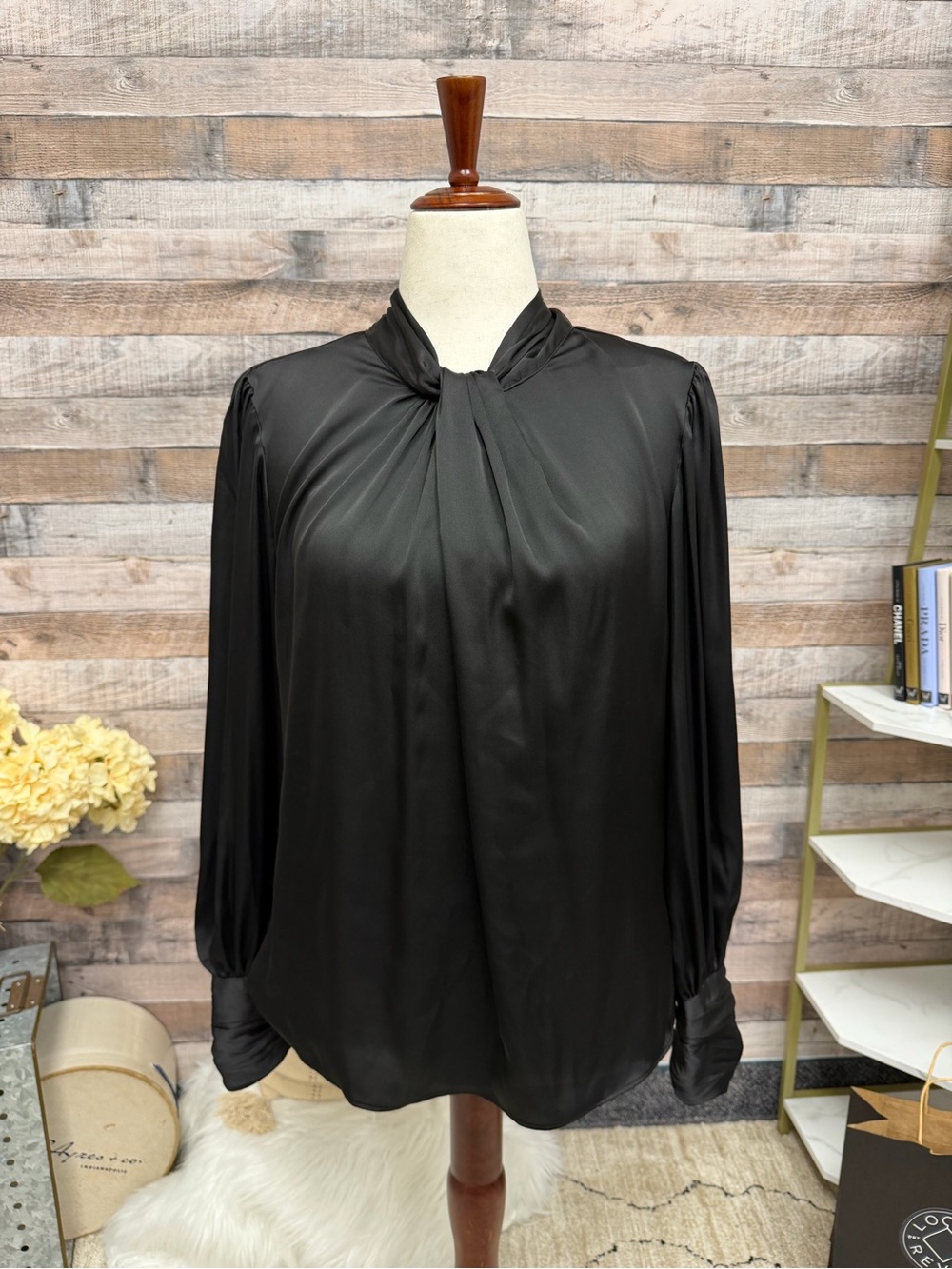 White House Black Market Black Long Sleeve Silk Blouse